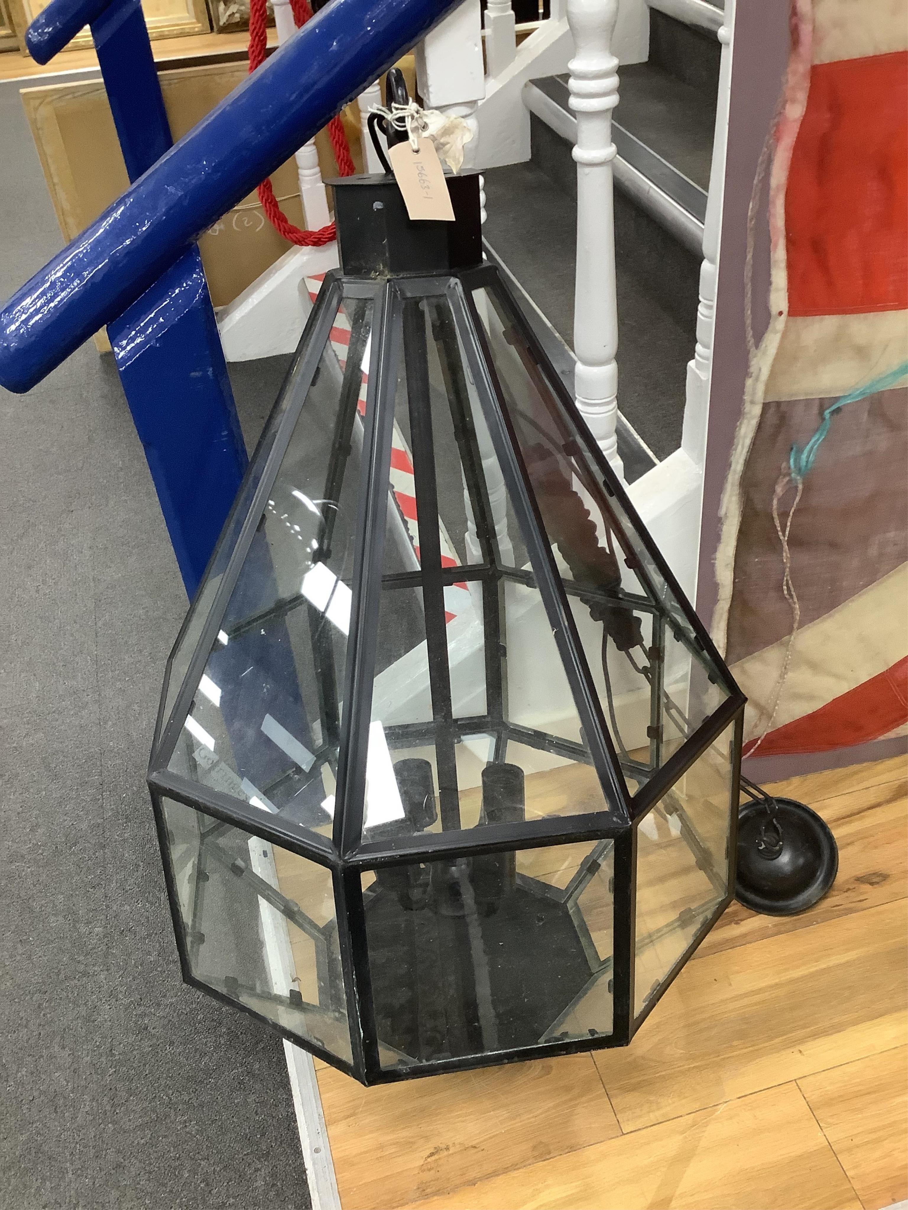 A large glass panelled lantern, 92cm in length. Condition - good, would benefit from a clean, not tested as working